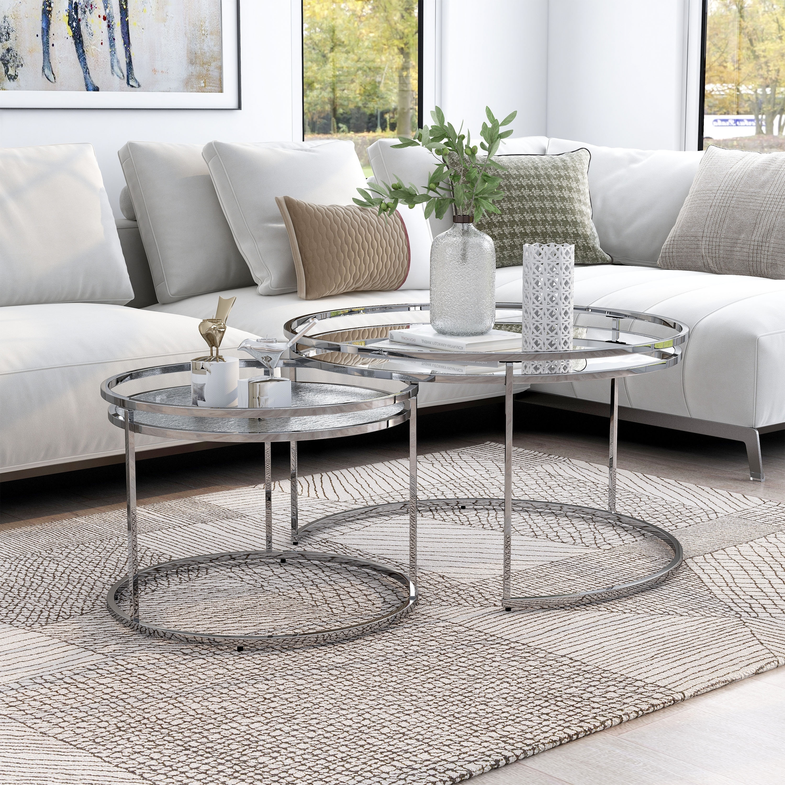 Furniture of America Ensigne Glam Chrome Glass Top 2-Piece Nesting Tables Set