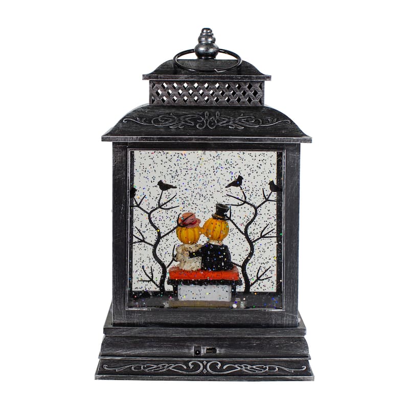 11.5"Lighted Black Halloween Snow Globe Lantern with Pumpkin Couple - 11.5"
