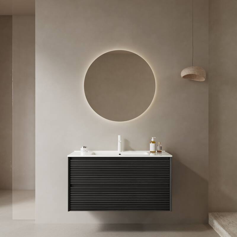 36" Floating Bathroom Vanity, White Ceramic Basin, Wall-Mounted Plywood Cabinet with 2 Soft-Close Drawers and Drain - Dark Oak