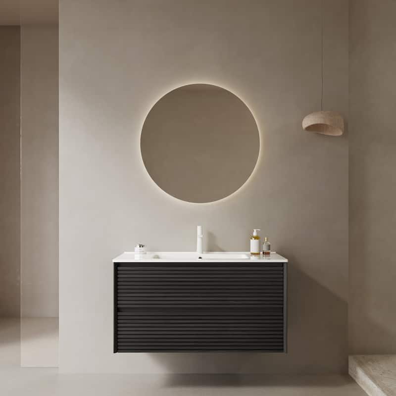 High Quality Wall Mount BathroomSingle Sink Vanity w/ 2 Drawers - Dark Oak,White