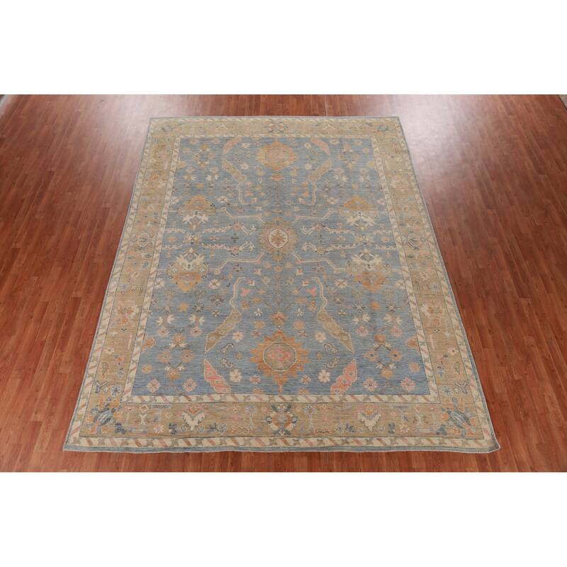 Hand Knotted Oriental 100% Wool Carpet Transitional All-Over Navy Blue & Blues Oushak Area Rug - 11' 10'' X 9' 1''