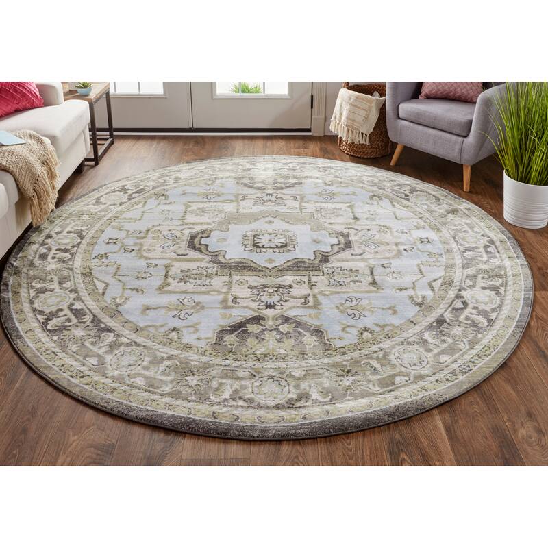 Alessandria Distressed Medallion, Ice Blue/Mint/Gray, Area Rug