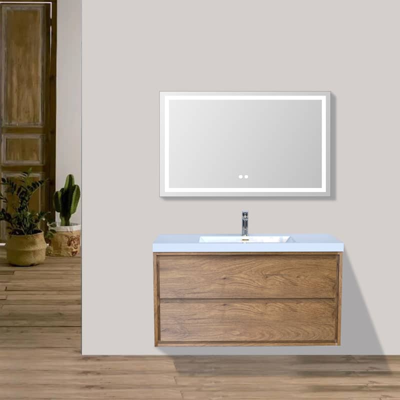 Sage 42" wall mounted bathroom vanity with single basin acrylic top - 42 - teak oak
