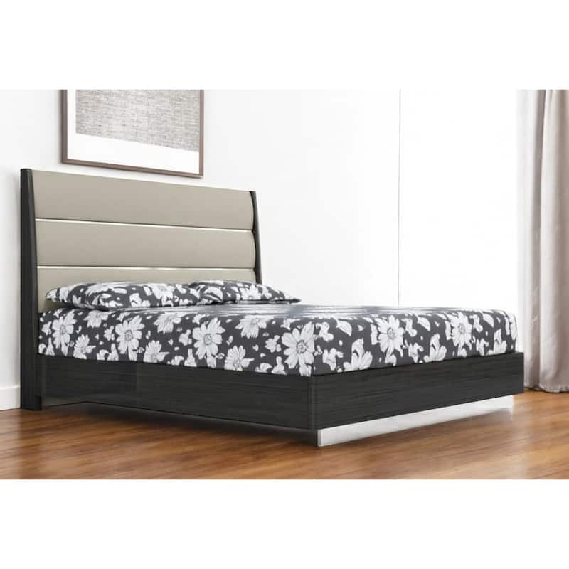 HomeRoots King Dark Grey High Gloss Bed Frame with Faux Leather Headboard