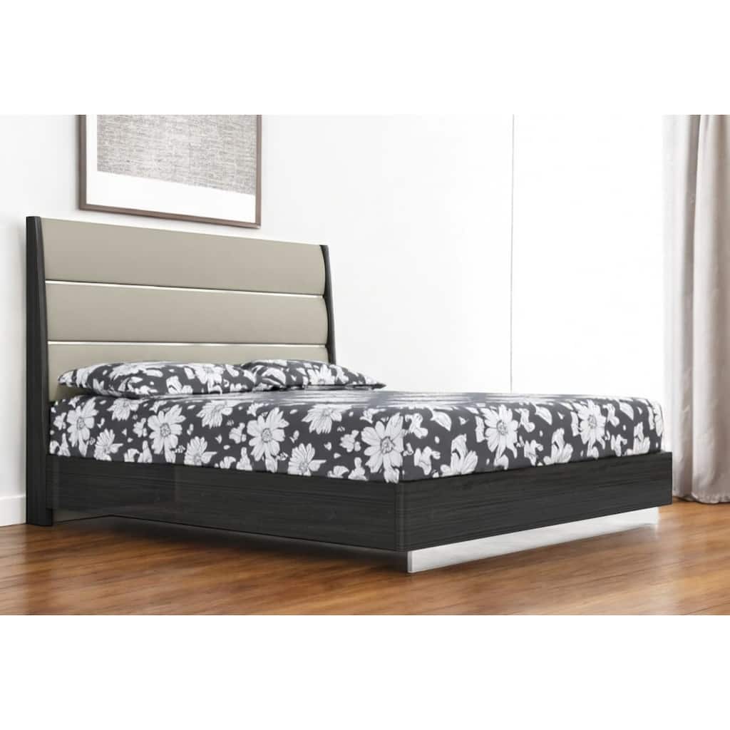 HomeRoots King Dark Grey High Gloss Bed Frame with Faux Leather Headboard