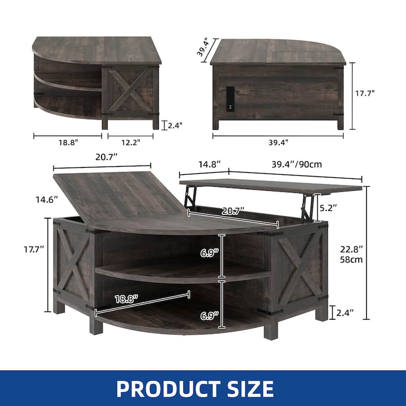 Moasis Farmhouse Lift Top Coffee Table with Hidden Storage and Shelves for Living Room
