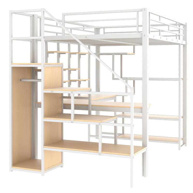 Full Size Metal Loft Bed with Storage Staircase, Built-in Desk, Wardrobe, and Shelves, White