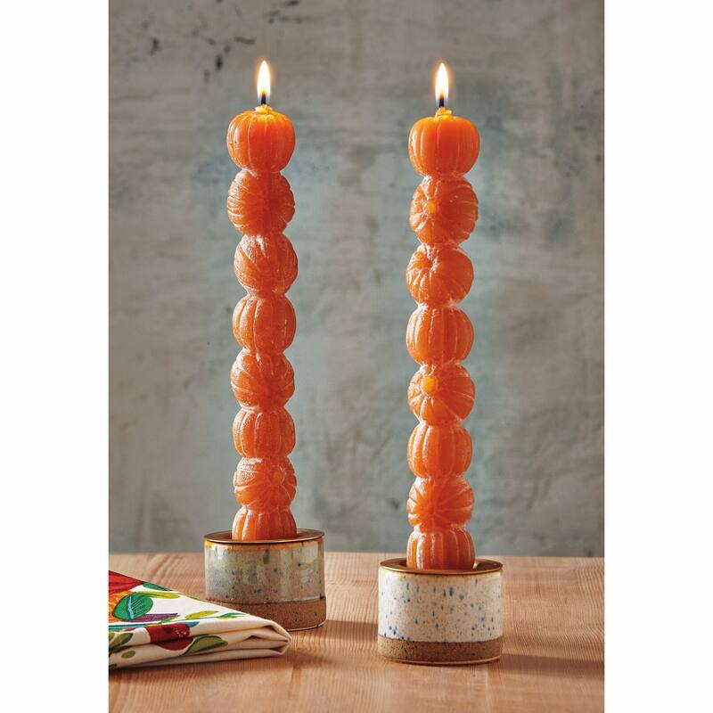 Rustic Pumpkin Stack Taper Candles - Set of 2, 10in H, Fall Decor, Orange Wax, Perfect for Autumn Home Styling