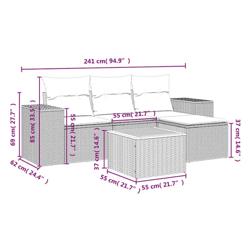 vidaXL Patio Sofa Set with Cushions Outdoor Furniture 5 Piece Poly Rattan - 21.7 x 21.7 x 14.6
