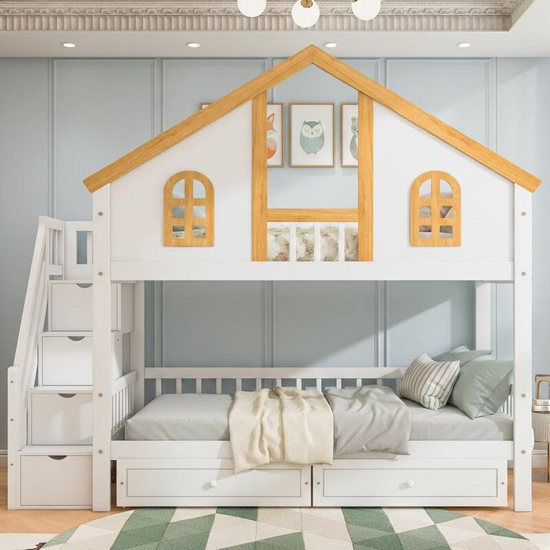 Wooden House Roof Bunk Bed with Staircase Storage & Dual Drawers by Harper&Bright Designs - Twin