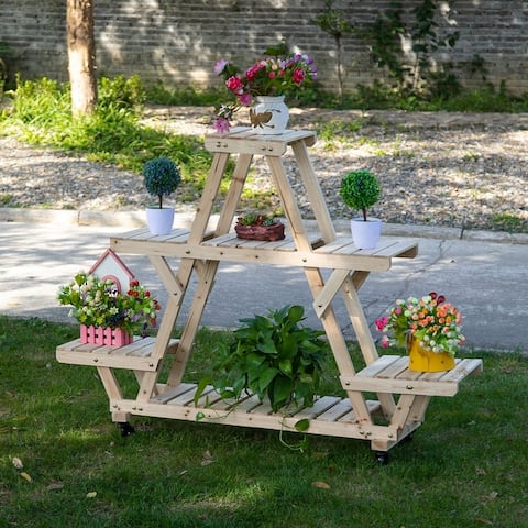 Outsunny 56'' x 14'' x 41'' 4 Tier Wooden Plant Stand with Removable Wheels, Large Display Capacity & Wood Build