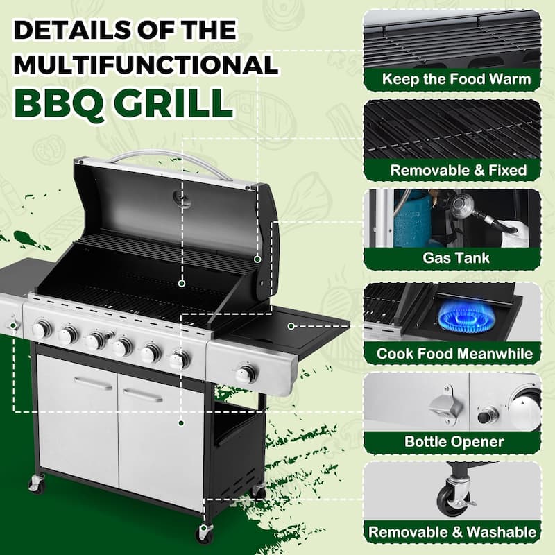 Outdoor BBQ Gas Grill - 58K BTU, Stainless Steel, with Stove & Side Table, perfect for camping, picnics, and gatherings