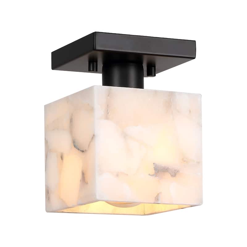 Chiara 5" 1-Light Modern Contemporary Alabaster/Iron Cube LED Semi Flush Mount, White Marbling/Brass Gold by JONATHAN Y - Black/White
