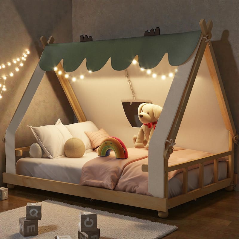 Twin/Full House Bed with Detachable Tent and Skylight, Kids Cabin Bed with Canopy, Light, and Forest-Themed Accents