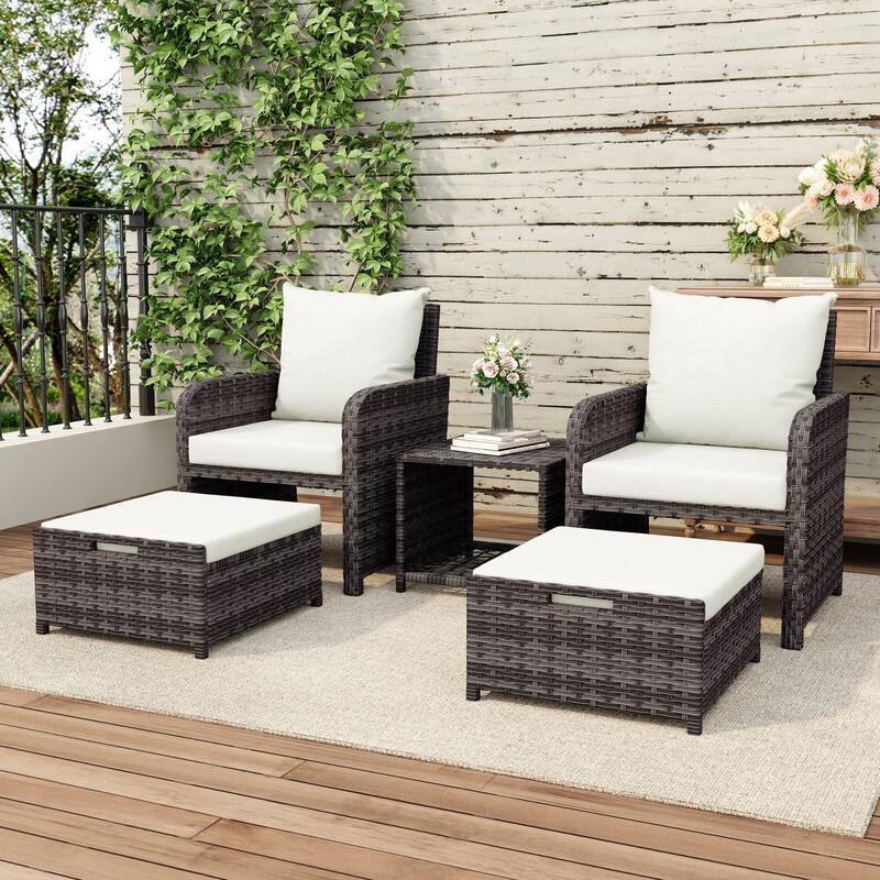 Patio 5 Pieces Rattan Cushioned Conversation Set With Ottoman Coffee Table