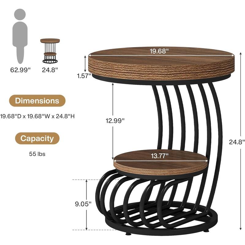 2 Tiers Round End Table with Shelf Storage, Arc-Shaped Side Sofa Table