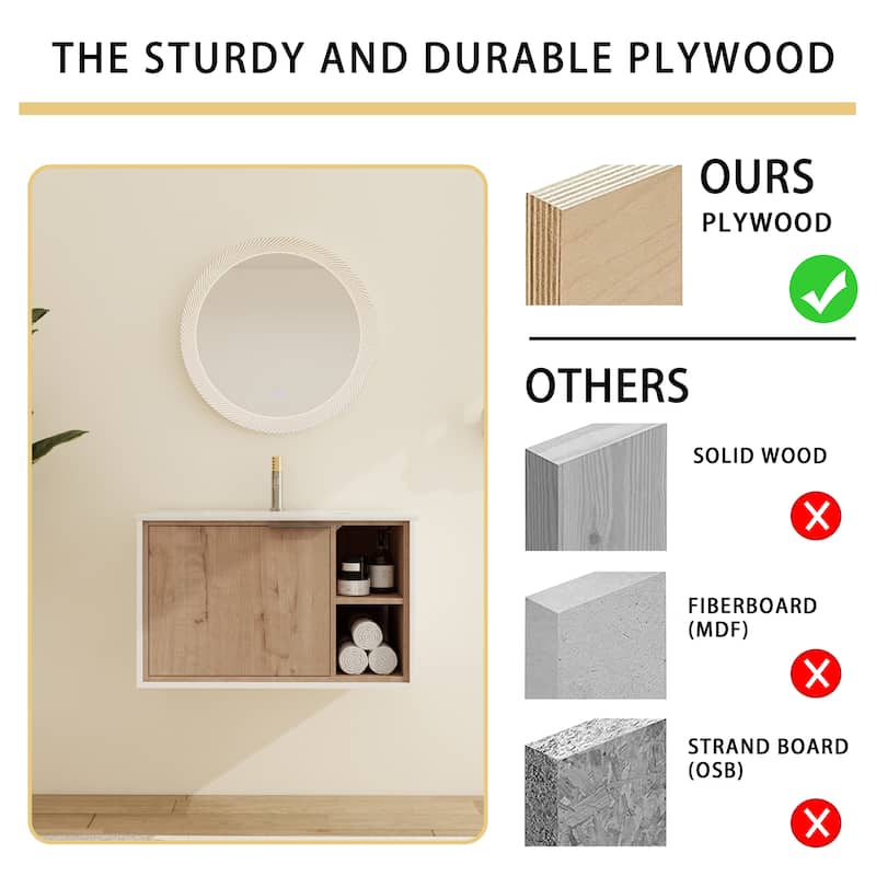 Malwee 24"/30" Floating Bathroom Vanity, Wall Mounted Bathroom Vanity with Ceramic Sink,Soft Close Door and Shelf