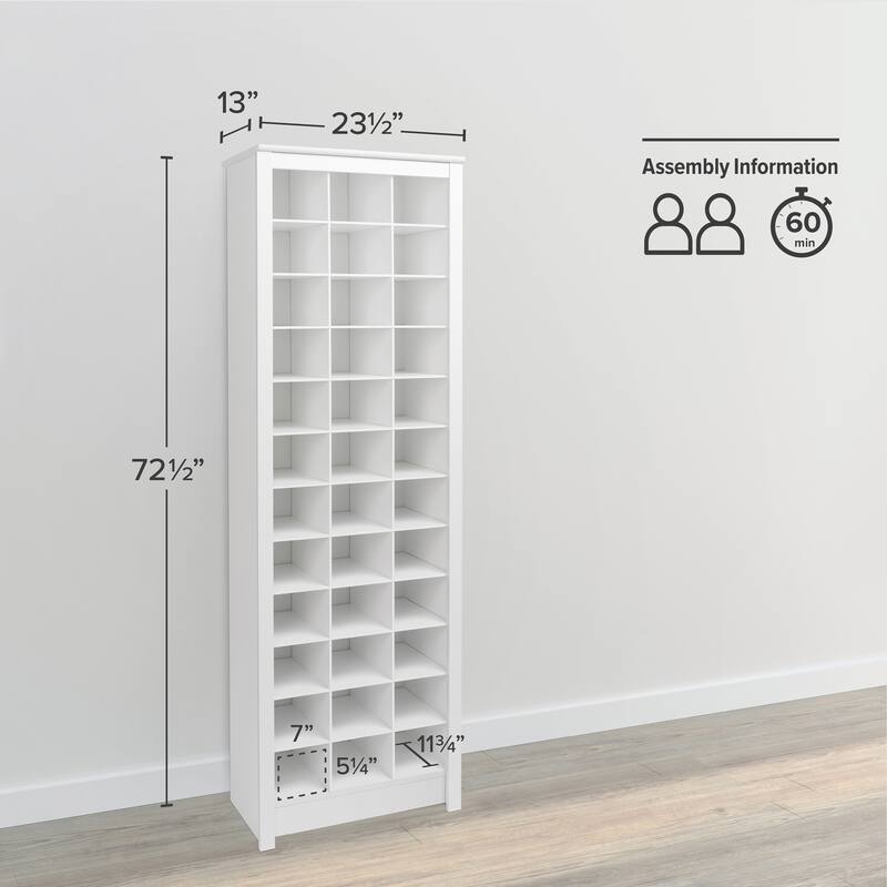 Prepac Elegant White Shoe Storage Cabinet, Space-Saving Solution with Cubbies for 36 Pairs, 13"D x 23.5" W x 72.5" H