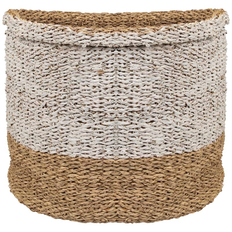 Round Wicker Table and Floor Baskets - Beige and White - Set of 3