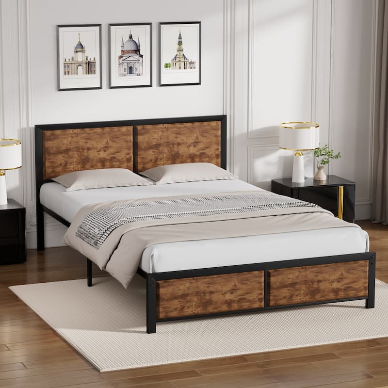 VECELO Platform Bed Frame with Wooden Headboard Heavy Duty Steel Slats Support No Box Spring Needed