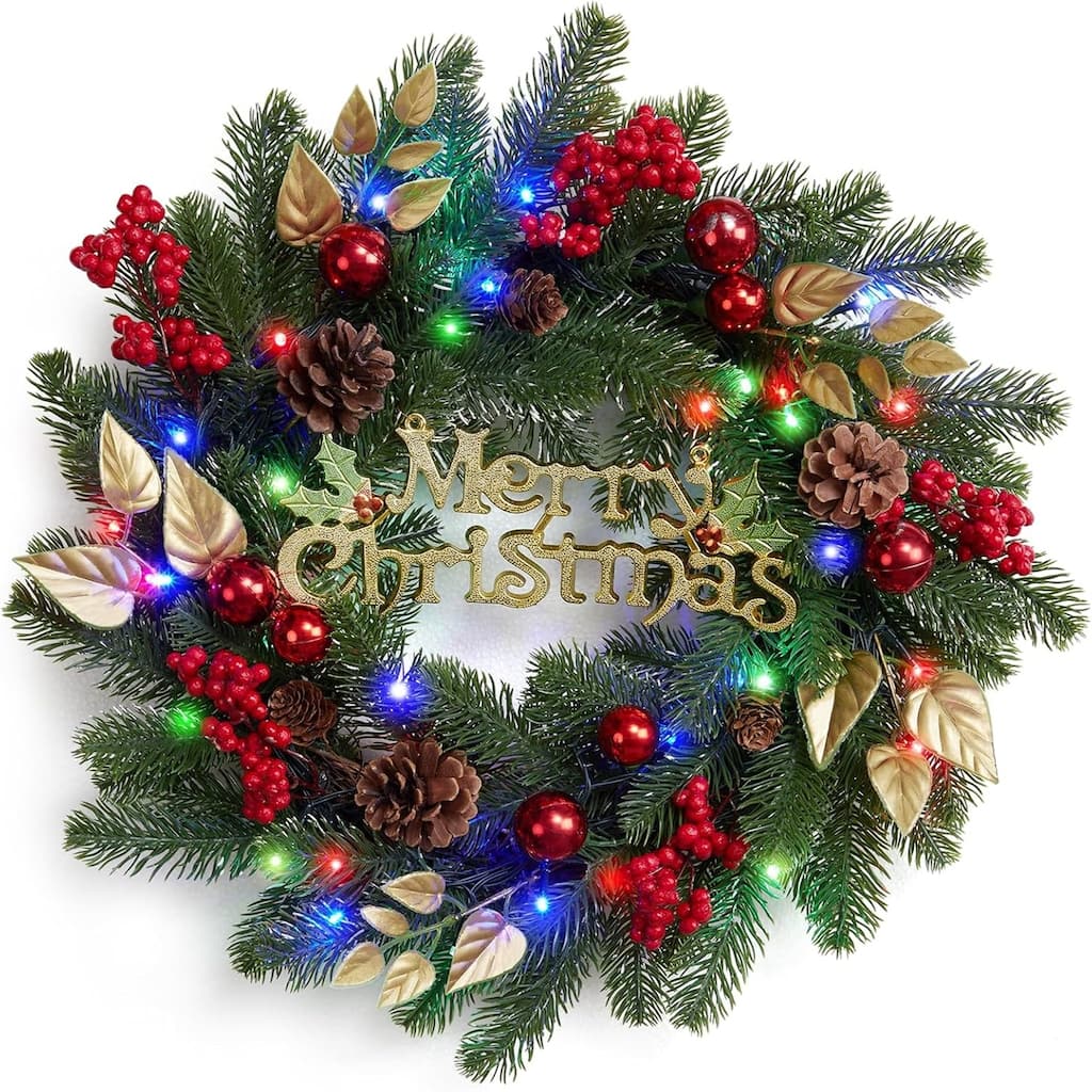 18 Inch Pre-Lit Christmas Wreath for Indoor/Outdoor Battery Operated with 40 LED Lights - N/A