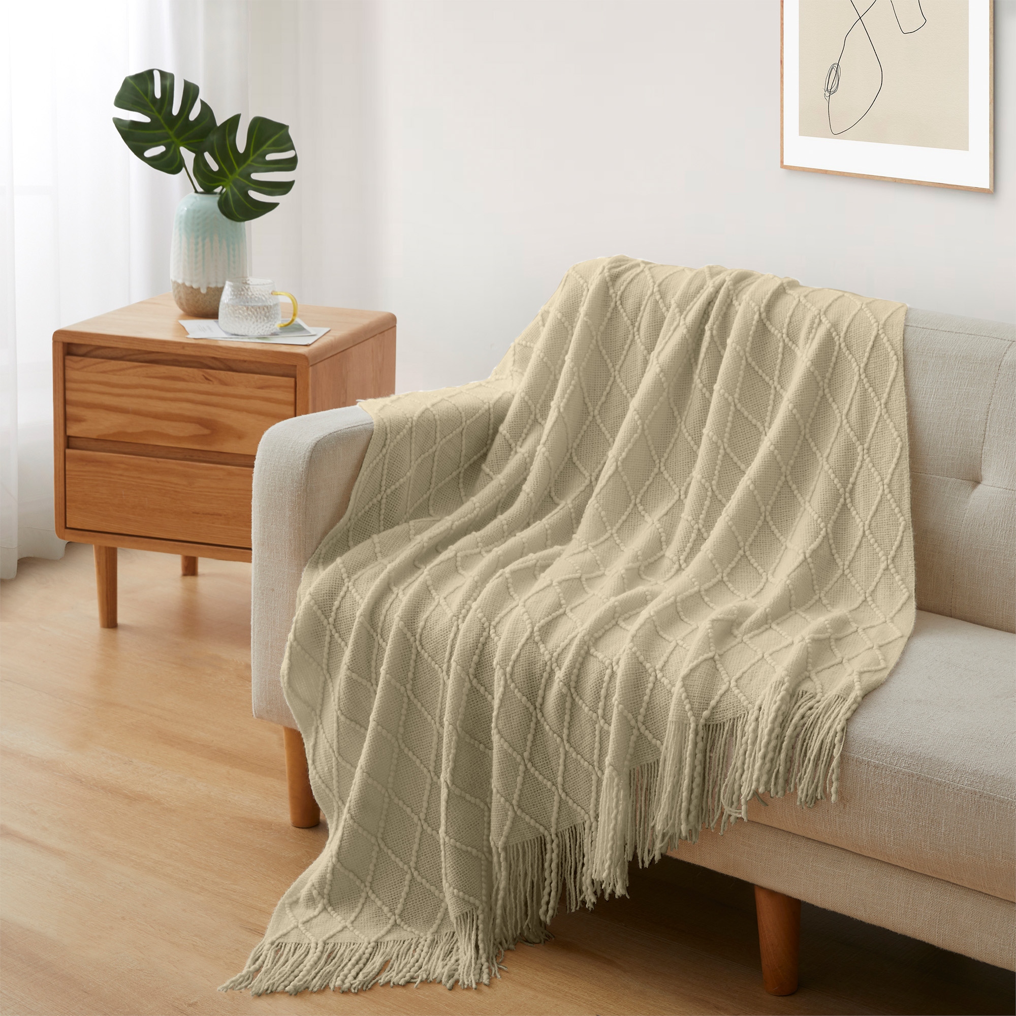 Lightweight 50 x60 Diamond Knit Throw Blanket Couch Cover Ivory