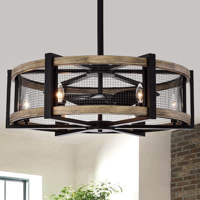 Samual Wood Grain Ceiling Fan 31-Inch 6-Light Geometric Metal Drum Shade (Includes Remote)