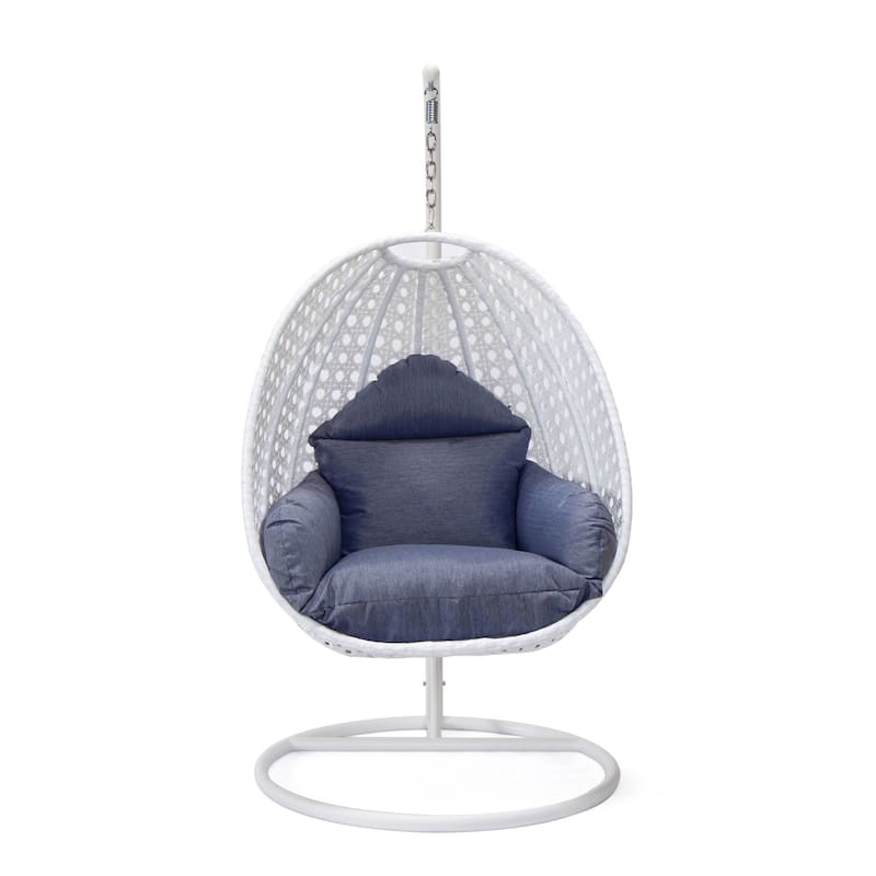 Patio Hanging Egg Swing Chair with White Wicker Shell and Iron Frame for Indoor Outdoor Patio Porch Garden Backyard