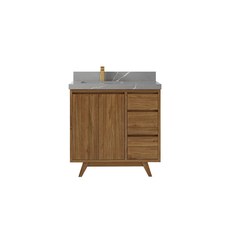 Willow Collections 36 in. W x 22 in. D Madison Teak Left Offset Sink Bathroom Vanity with Countertop - 2"Piatra Gray - Gold Teak