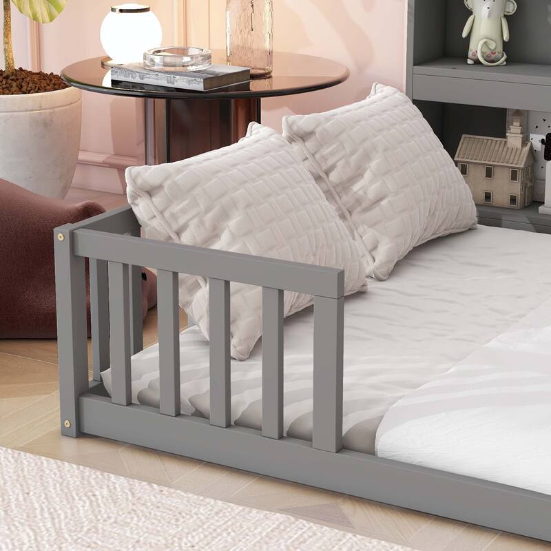 Full Floor Bed with Side Bookcase and Guardrails