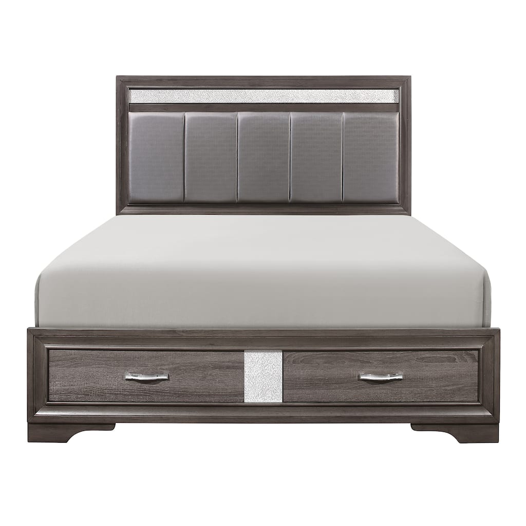Gray and Silver Glitter Upholstered Queen Platform Bed with Footboard Drawers and Channel-Padded Headboard