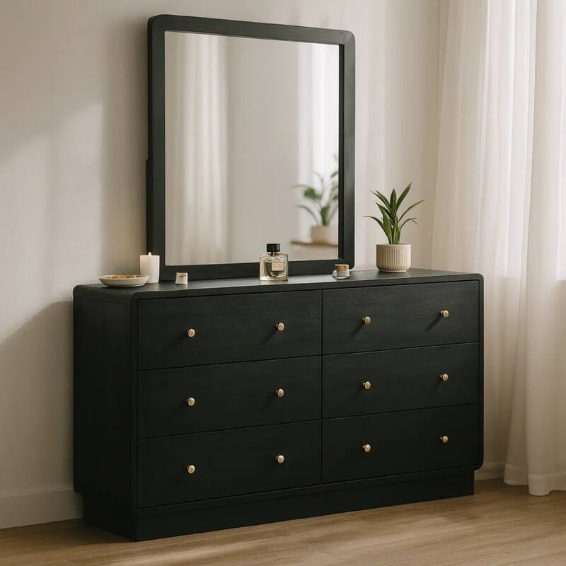 Cavy Wide Dresser with Matching Mirror, 6 Drawers, Black Wood, Gold