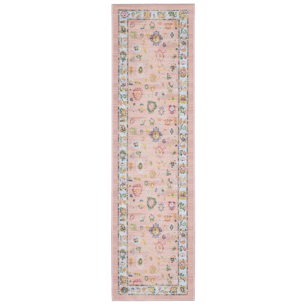Addison Vintage Traditional Pink/ Blue Printed Washable Flat Pile Rug