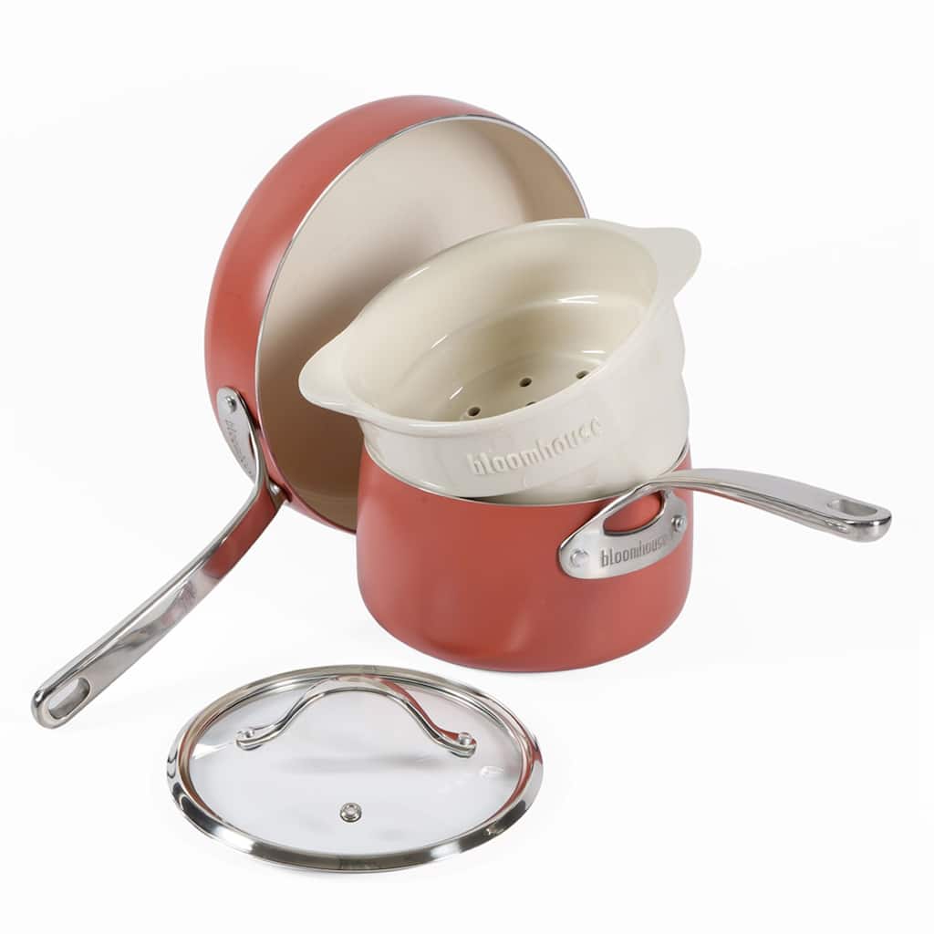 Bloomhouse 4-Piece Aluminum Cookware Set w/ Non-Stick Non-Toxic Ceramic Interior and Ceramic Steamer Insert