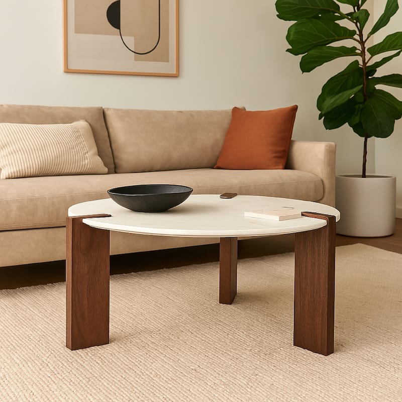 Wrenn Cocktail Coffee Table, White Marble, 33 Inch Brown Mango Wood