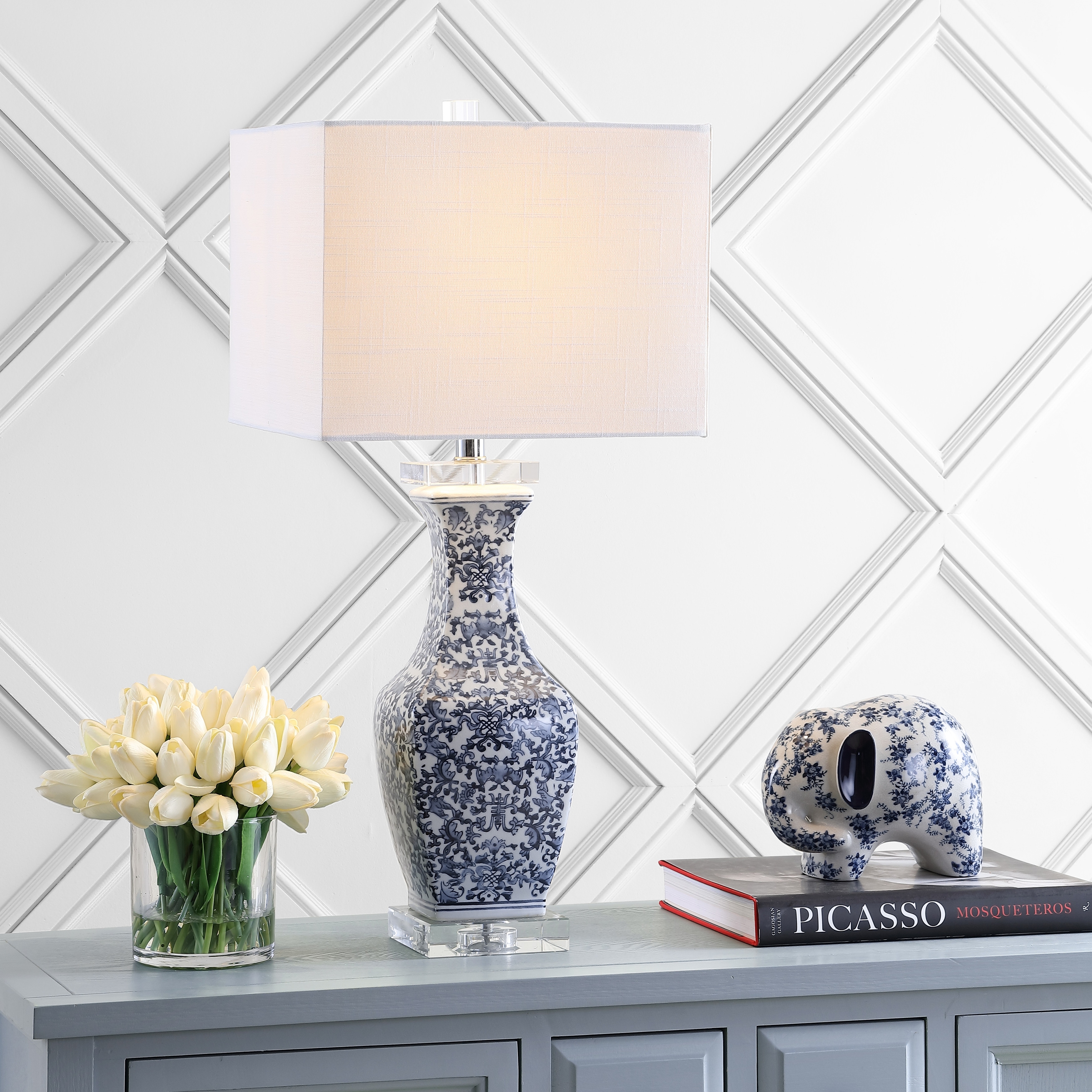 JONATHAN Y Mercer 28" Ceramic/Crystal LED Table Lamp, Blue/White