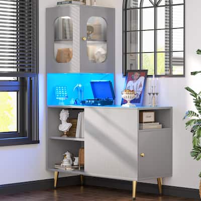 Reversible Corner Storage Cabinet with LED Lights and Power Outlets and Doors,Bed Side Table,Sofa Side Table