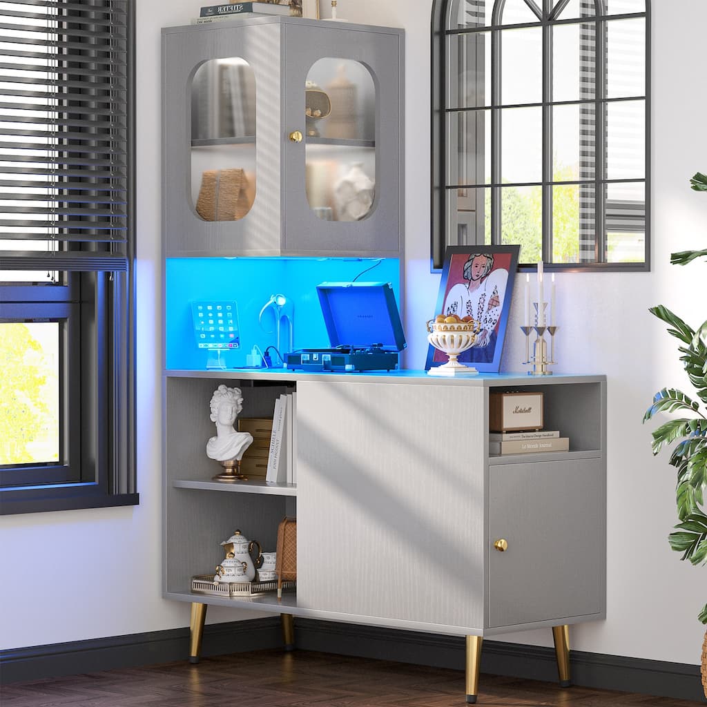 Reversible Corner Storage Cabinet with LED Lights and Power Outlets and Doors,Bed Side Table,Sofa Side Table