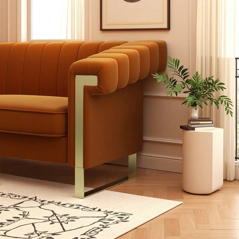 Velvet Sofa Couch for Living Room, Modern Loveseat Couch with Gold Accents, Apartment Chesterfield Sofa