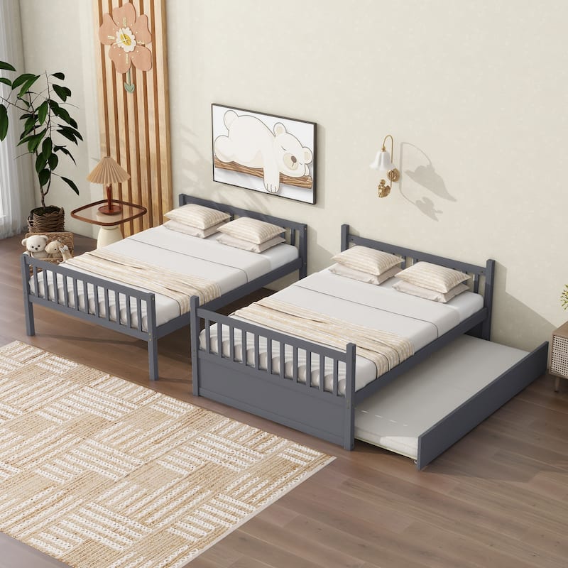 Convertible Full Over Full Rubber Wood Bunk Bed with Trundle, Ladder and Guardrails