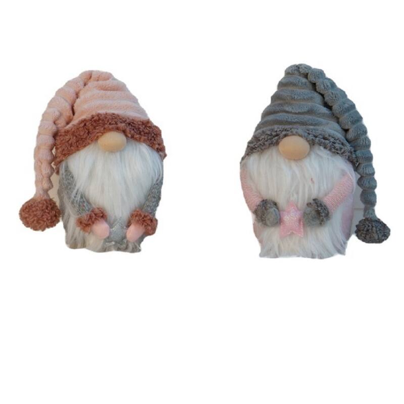 Set Of Two 11" Grey And Pink Fabric Christmas Gnome