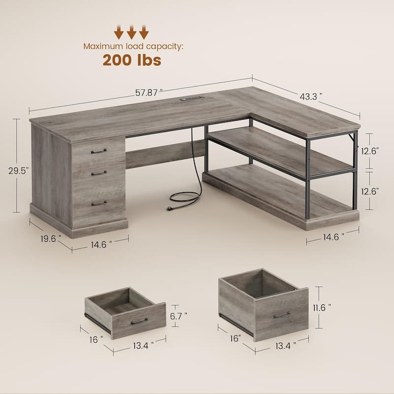 L Shaped Desk Drawers Storage Shelves Executive Home Office Desk