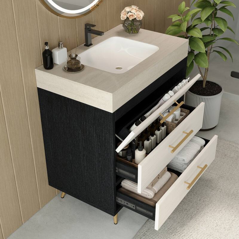 GDFStudio - Athens Modern 29.9" Freestanding Bathroom Vanity with Sintered Stone Top, Ceramic Vessel Sink & Stainless Steel Legs