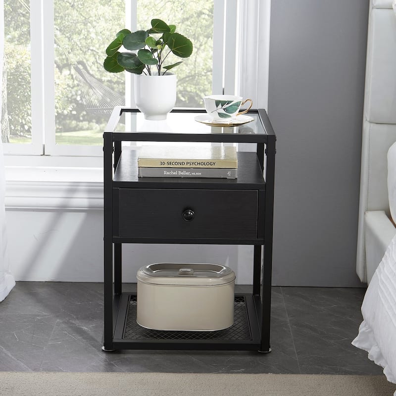 VECELO Modern 1-Drawer Nightstands with Tempered Glass Top