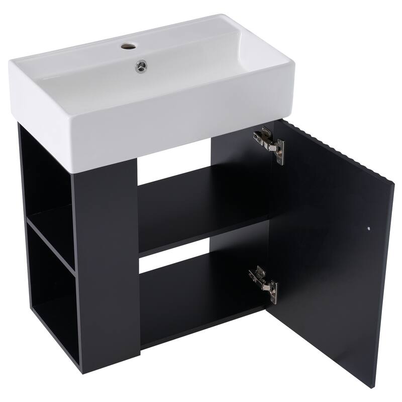 Floating Bathroom Vanity Cabinet with Sink & Left Side Storage, Black - 21.6 Inch