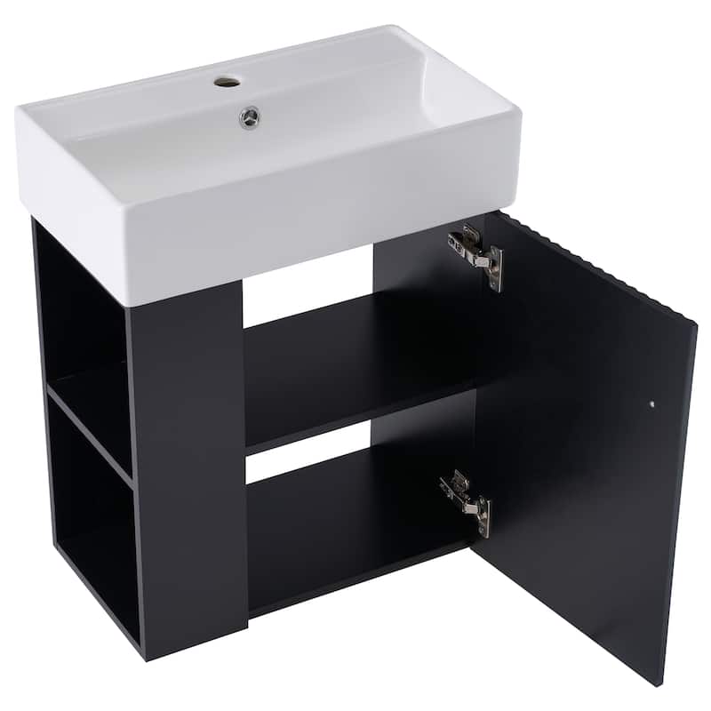 Roomfitters 21.6 Inch Modern Floating Bathroom Vanity with Ceramic Basin, Left Side Storage Cabinet & Open Shelves