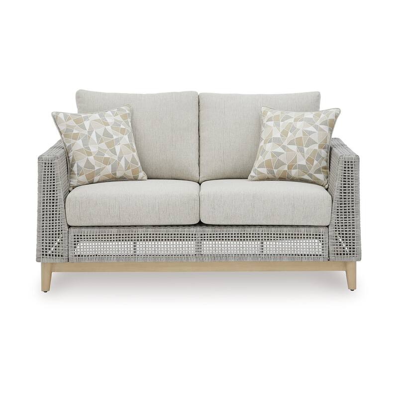Yami 59 Inch Outdoor Loveseat, 2 Accent Throw Pillows, Gray Resin Wicker