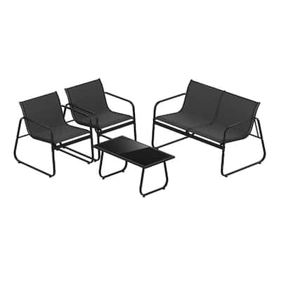 4 Piece Black Fabric Metal Outdoor Conversation Set with Table and Chairs - Table: 33.5" × 18" × 16" (L × W × H)