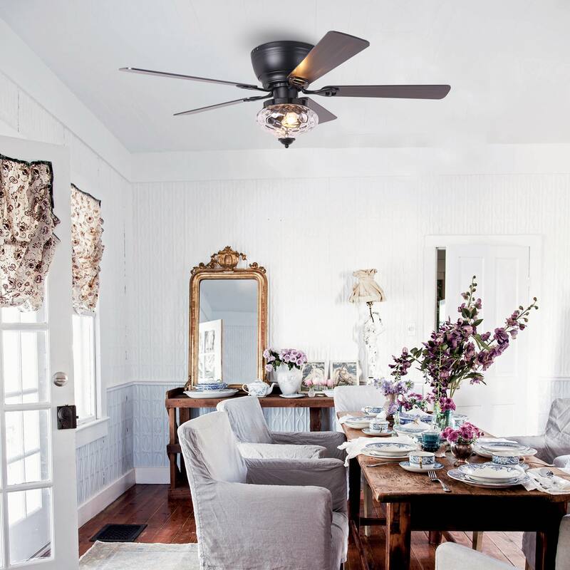 52" Classic Matte Black Flush Mount Ceiling Fan with Light and Remote - 52 in. D x 52 in. W x 14 in. H