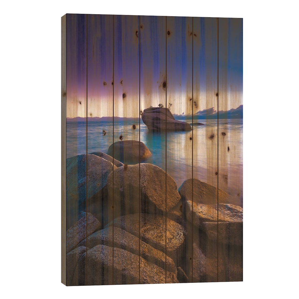 Bonsai Rock at sunset, Lake Tahoe, Nevada, USA Print On Wood by Russ Bishop - Multi-Color